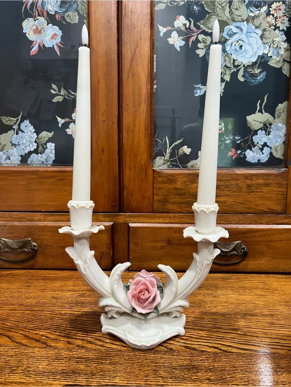 Vintage Karl Ens Volkstedt Double-Arm Porcelain Candelabra Pink Rose Chic Rose